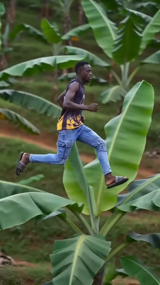 AI Running on Banana Trees: Leap Across Giant Banana Leaves — AI meme template preview