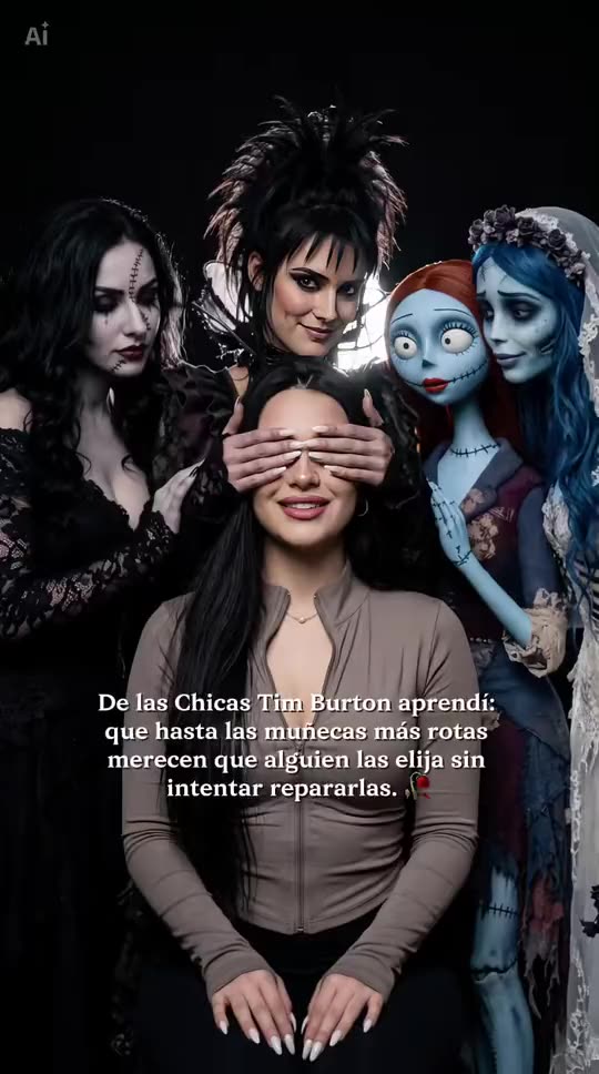 Tim Burton Girls: Sit with the Gothic Dolls in One AI Photo — AI meme template preview